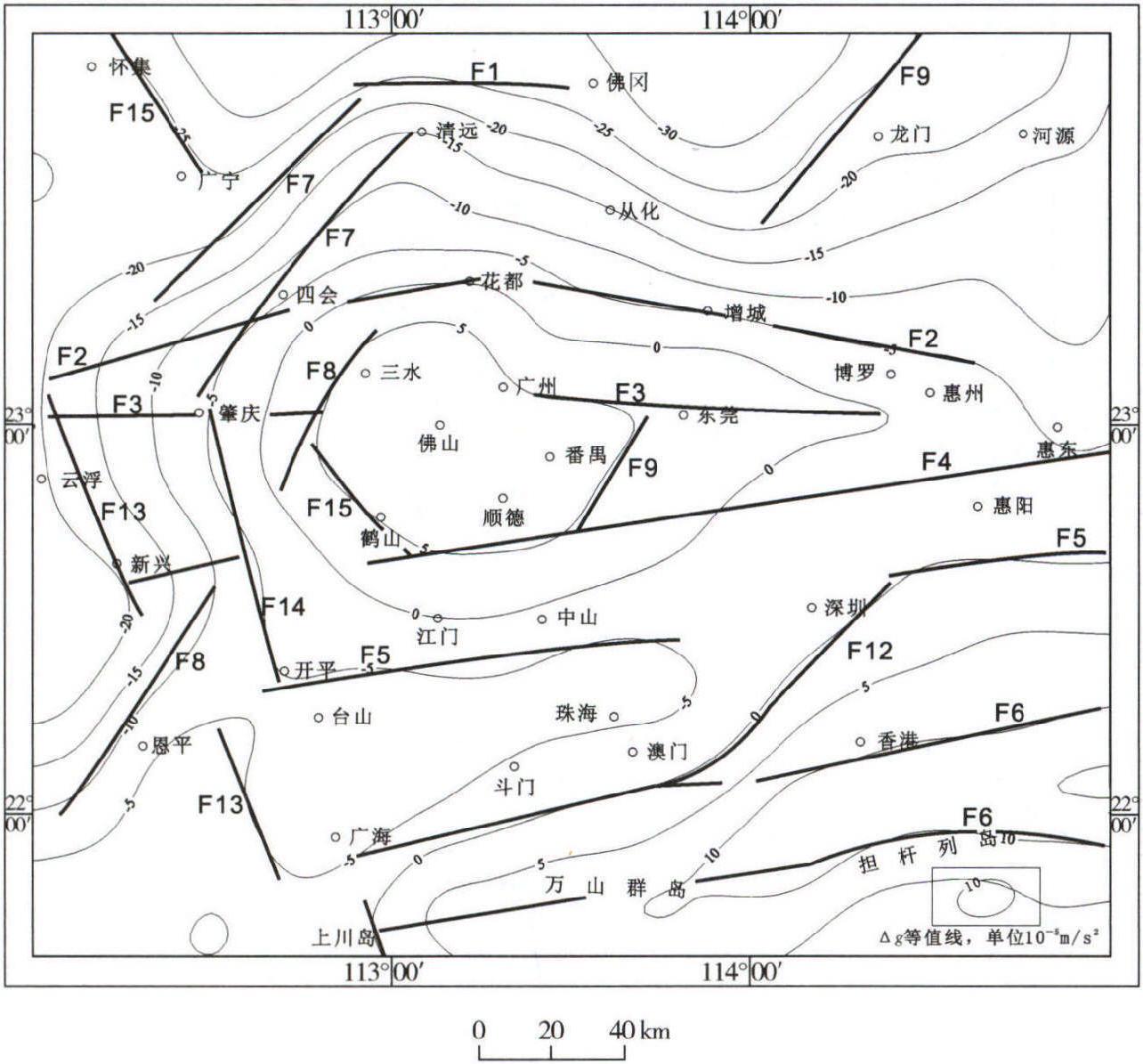 图2-5-6 珠江三角洲地区上延10 km布格重力异常图